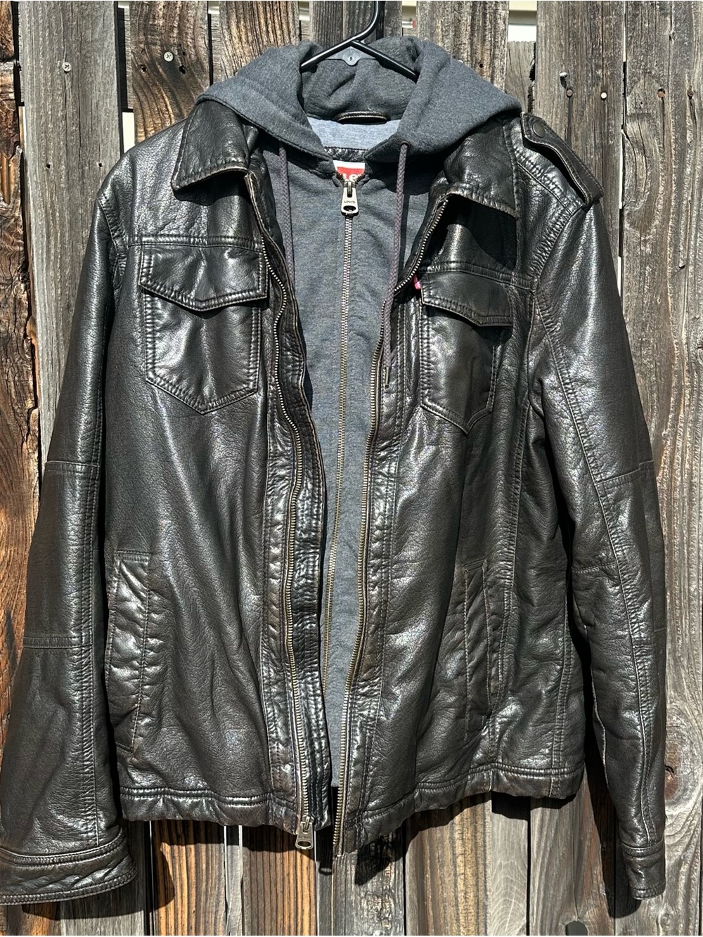 Levi's Black faux Leather moto style Jacket with Gray Hoodie Liner